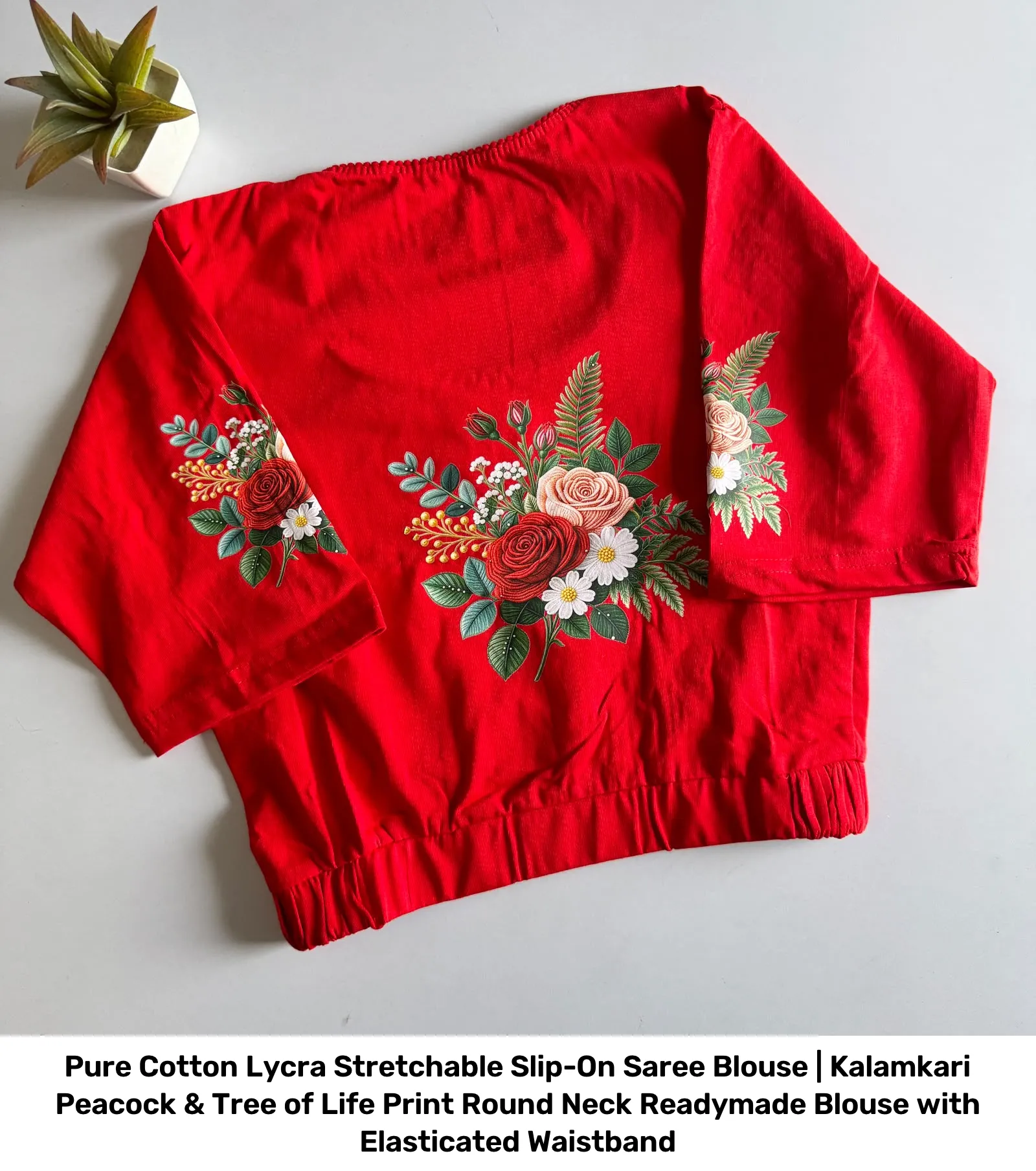 Pure Cotton Lycra Stretchable Slip-On Saree Blouse | Kalamkari Peacock & Tree of Life Print Round Neck Readymade Blouse with Elasticated Waistband 11