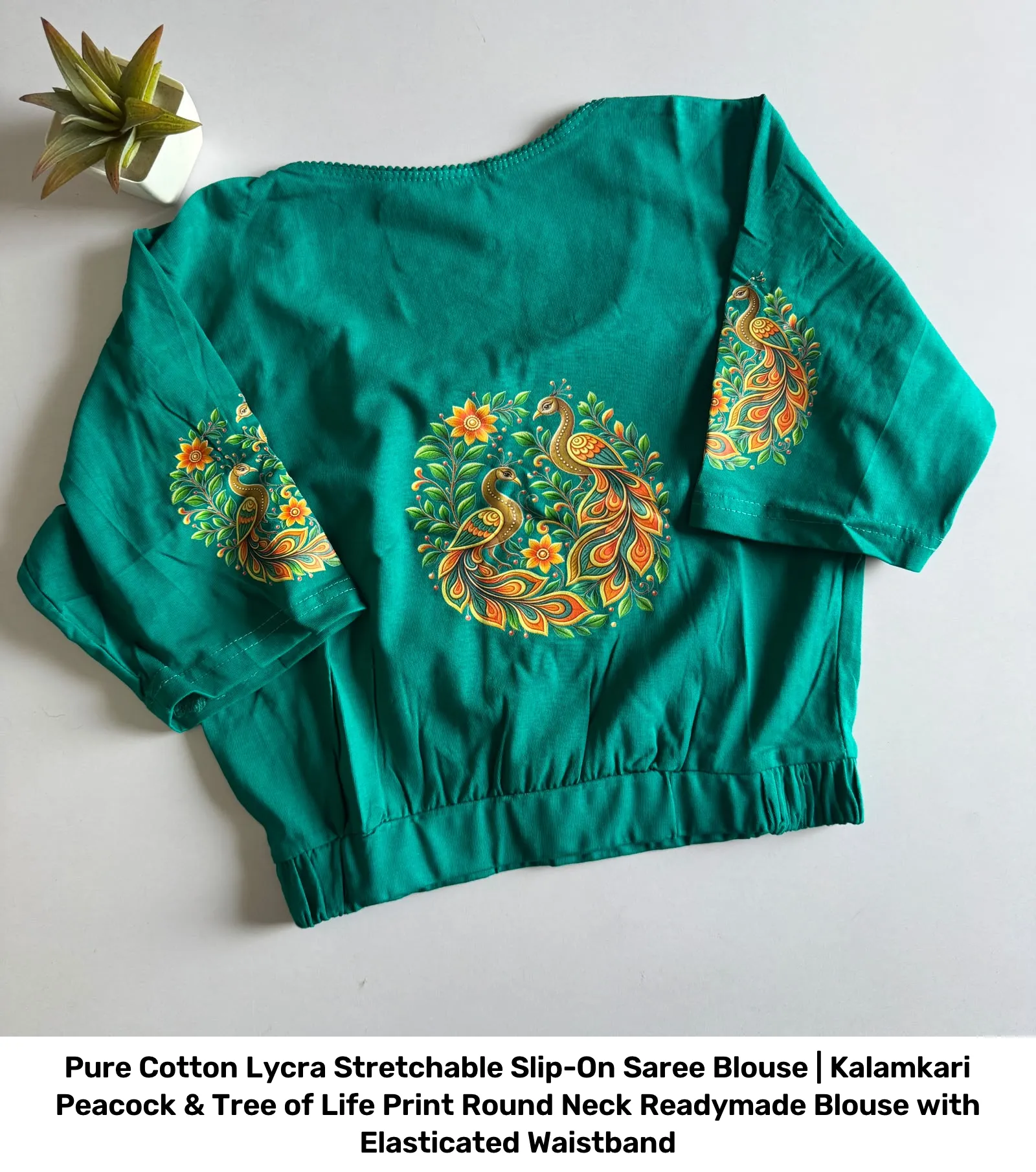 Pure Cotton Lycra Stretchable Slip-On Saree Blouse | Kalamkari Peacock & Tree of Life Print Round Neck Readymade Blouse with Elasticated Waistband 12