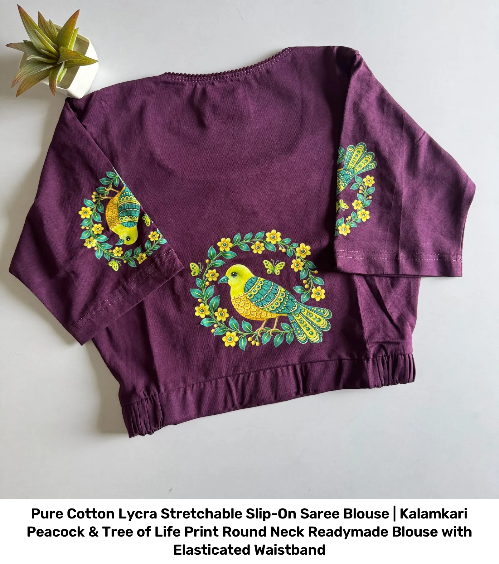 Pure Cotton Lycra Stretchable Slip-On Saree Blouse | Kalamkari Peacock & Tree of Life Print Round Neck Readymade Blouse with Elasticated Waistband 13