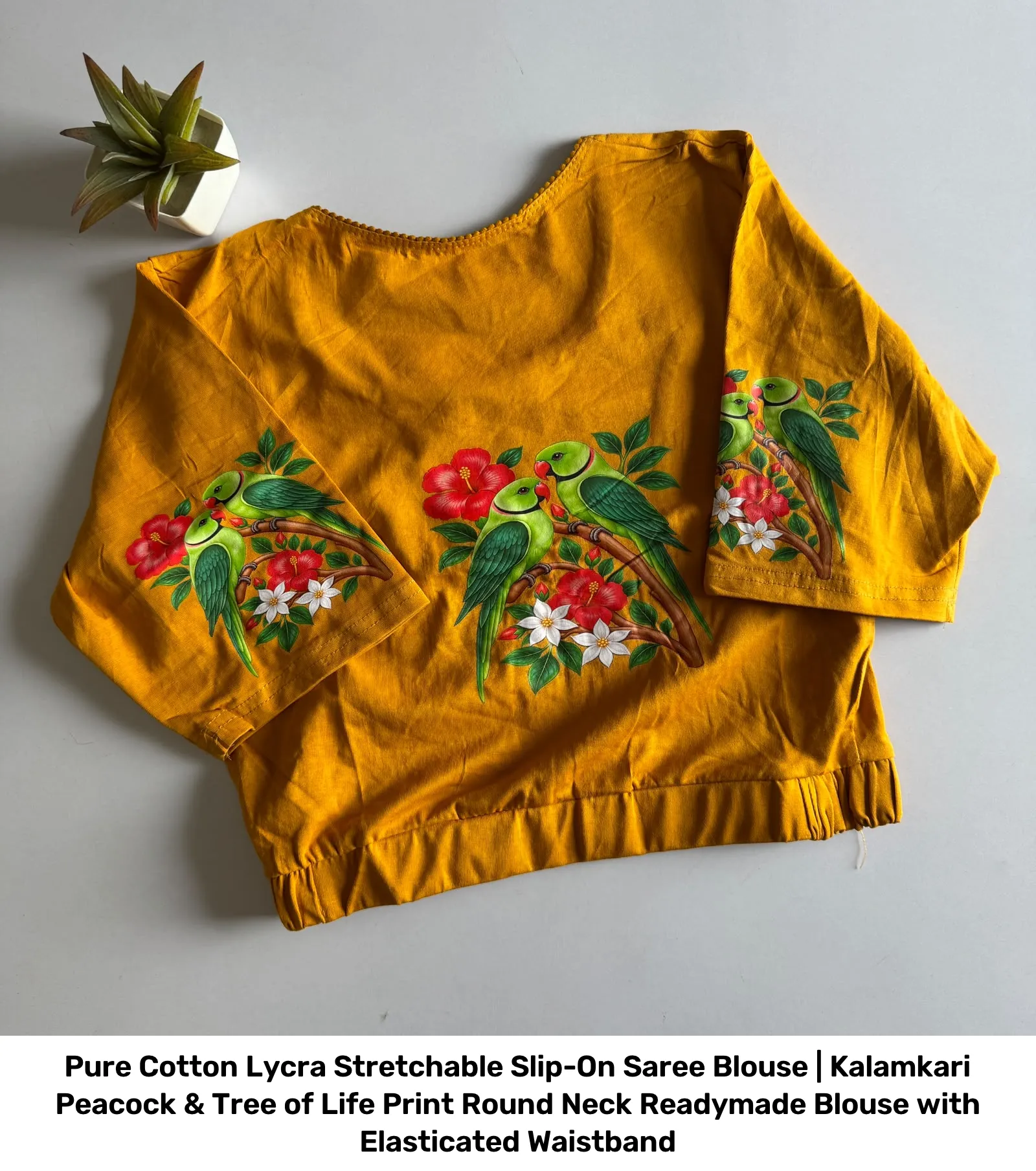 Pure Cotton Lycra Stretchable Slip-On Saree Blouse | Kalamkari Peacock & Tree of Life Print Round Neck Readymade Blouse with Elasticated Waistband 14