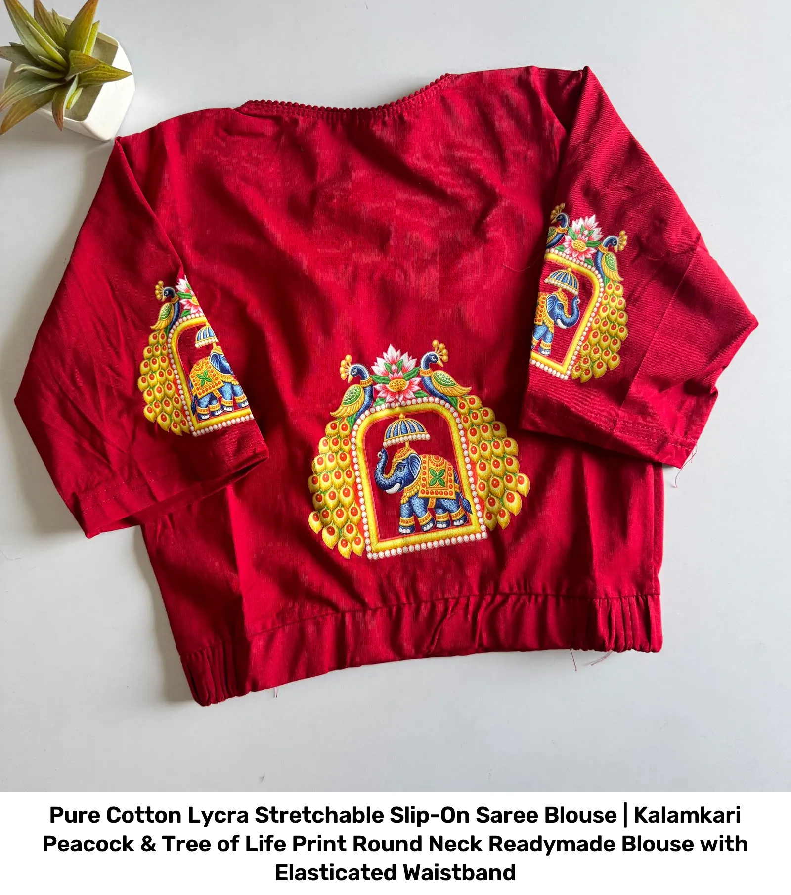 Pure Cotton Lycra Stretchable Slip-On Saree Blouse | Kalamkari Peacock & Tree of Life Print Round Neck Readymade Blouse with Elasticated Waistband 2
