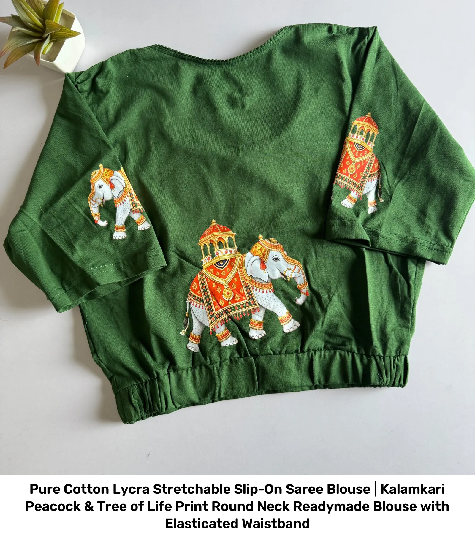 Pure Cotton Lycra Stretchable Slip-On Saree Blouse | Kalamkari Peacock & Tree of Life Print Round Neck Readymade Blouse with Elasticated Waistband 3