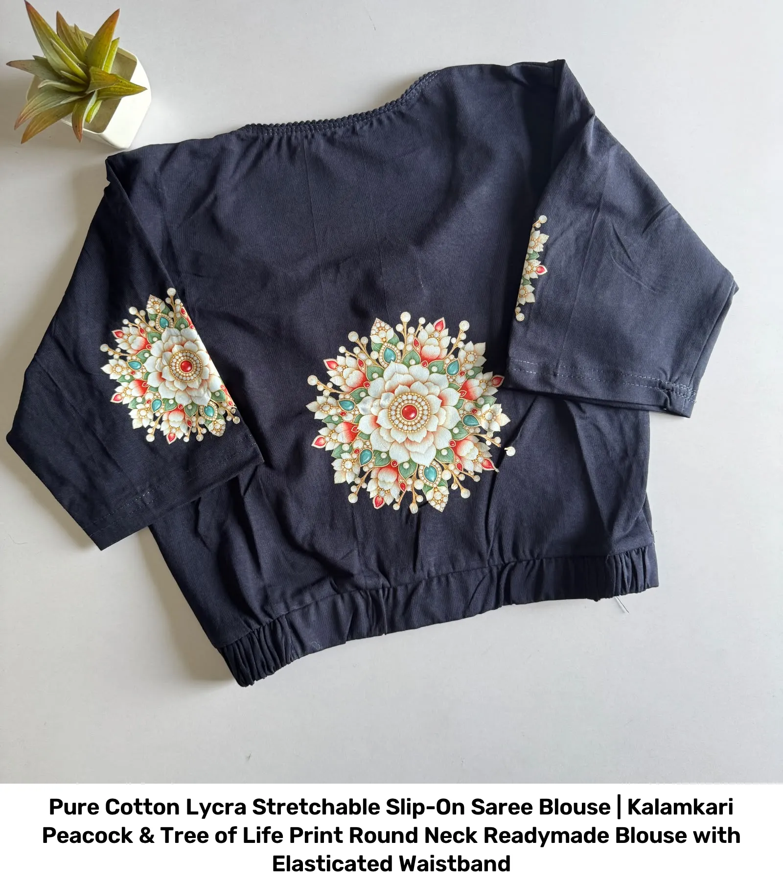 Pure Cotton Lycra Stretchable Slip-On Saree Blouse | Kalamkari Peacock & Tree of Life Print Round Neck Readymade Blouse with Elasticated Waistband 4