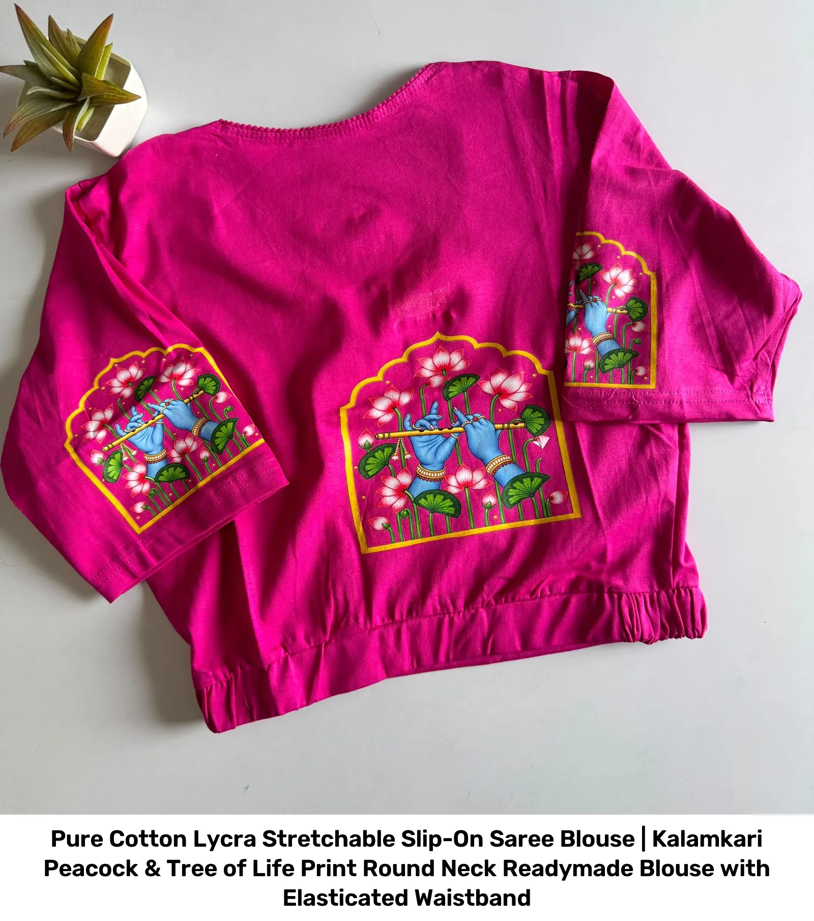 Pure Cotton Lycra Stretchable Slip-On Saree Blouse | Kalamkari Peacock & Tree of Life Print Round Neck Readymade Blouse with Elasticated Waistband 5