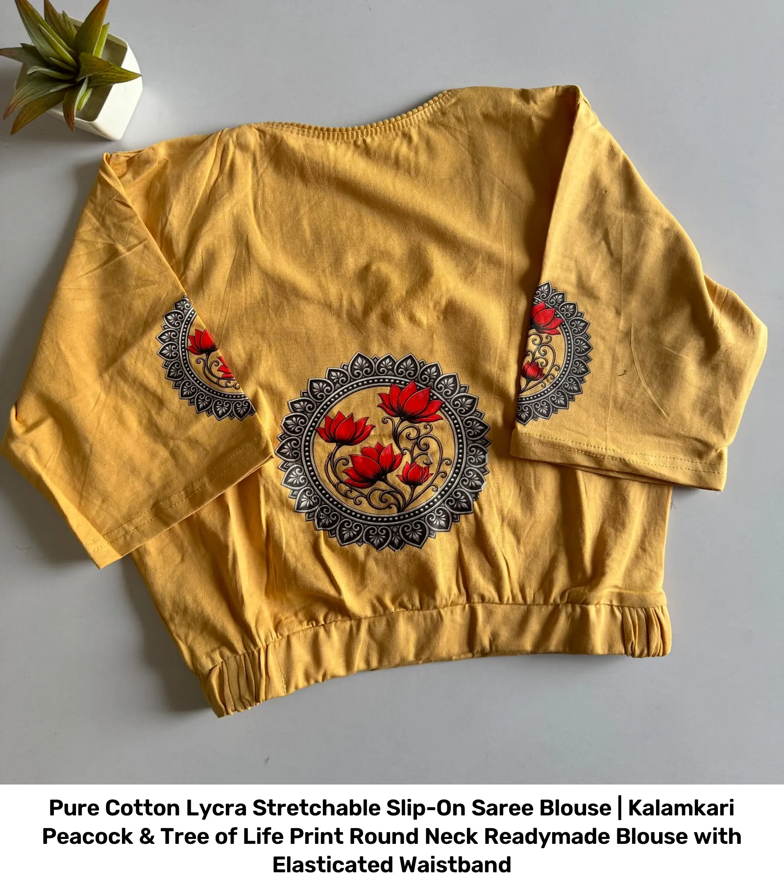 Pure Cotton Lycra Stretchable Slip-On Saree Blouse | Kalamkari Peacock & Tree of Life Print Round Neck Readymade Blouse with Elasticated Waistband 6