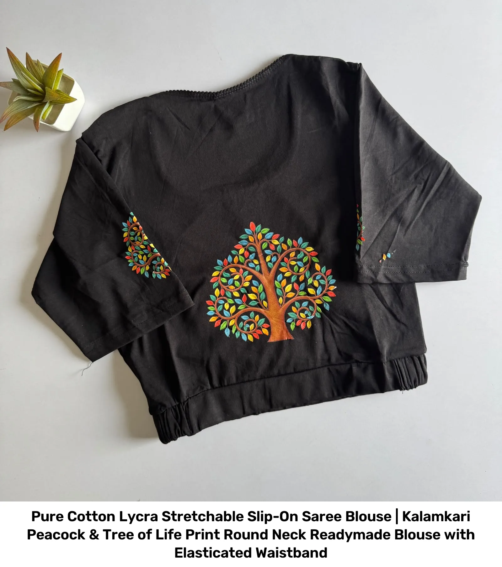 Pure Cotton Lycra Stretchable Slip-On Saree Blouse | Kalamkari Peacock & Tree of Life Print Round Neck Readymade Blouse with Elasticated Waistband 7
