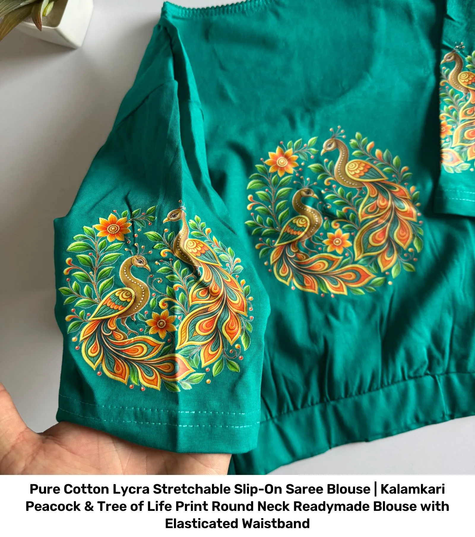 Pure Cotton Lycra Stretchable Slip-On Saree Blouse | Kalamkari Peacock & Tree of Life Print Round Neck Readymade Blouse with Elasticated Waistband 9