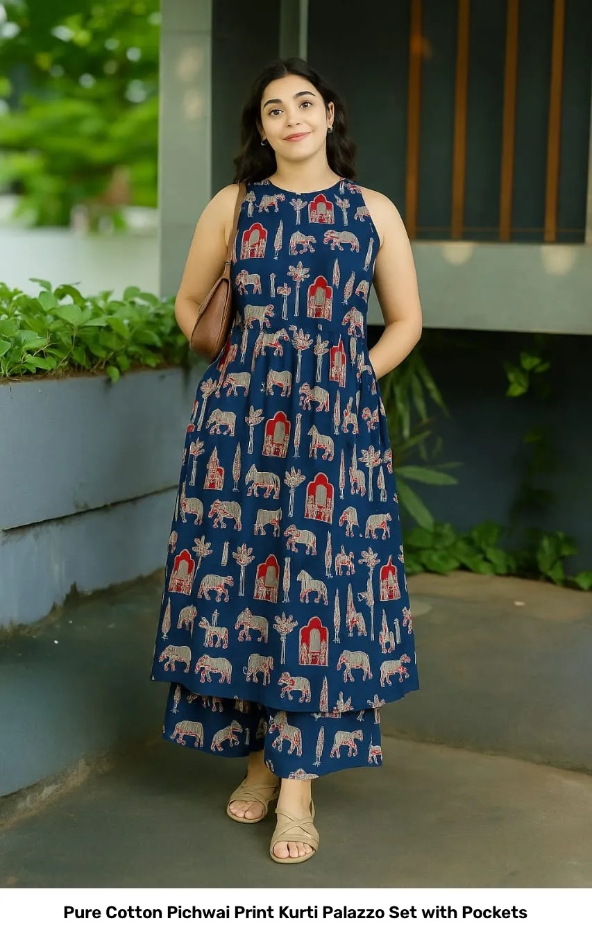 Pure Cotton Pichwai Print Kurti Palazzo Set with Pockets 2