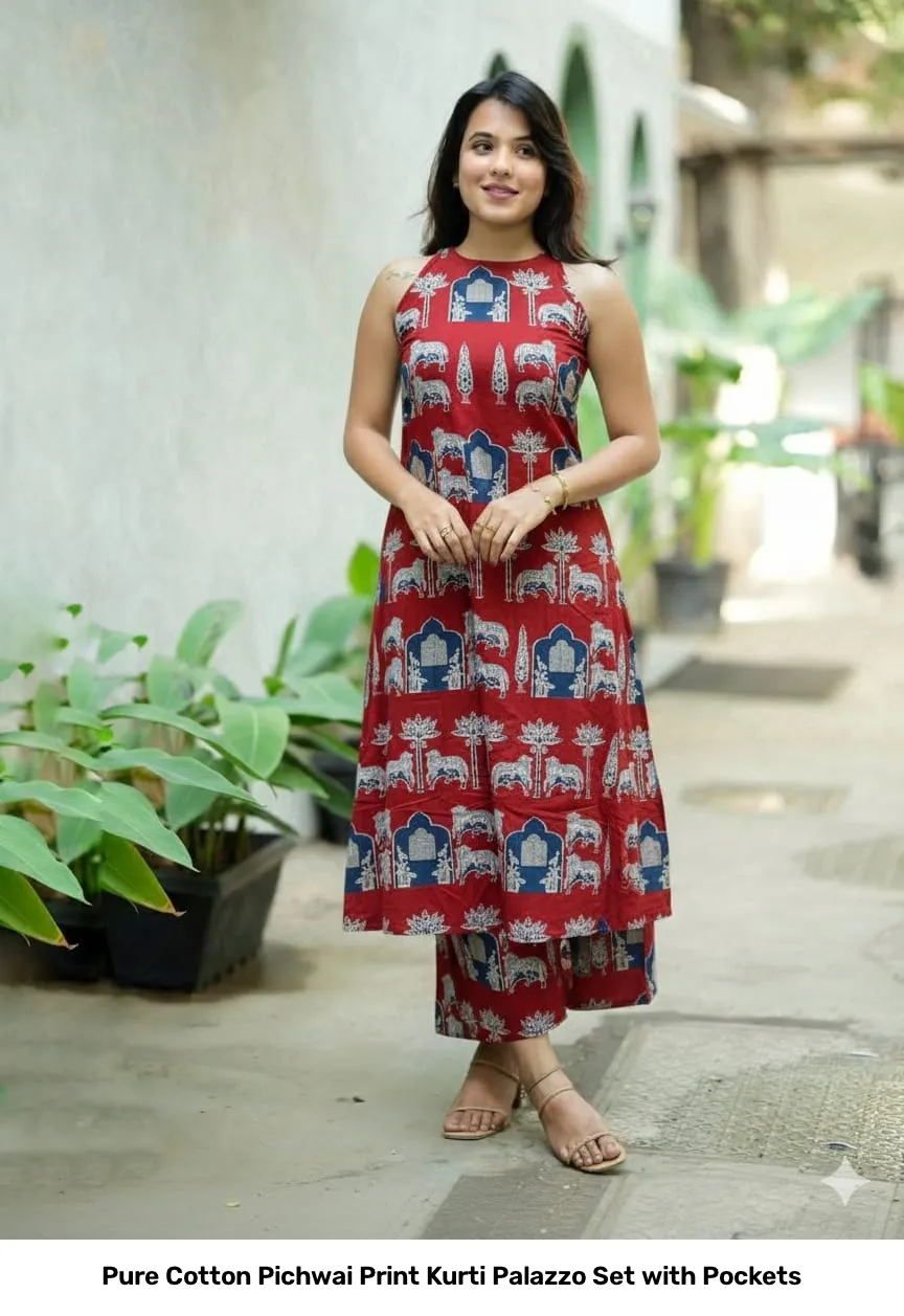 Pure Cotton Pichwai Print Kurti Palazzo Set with Pockets 4