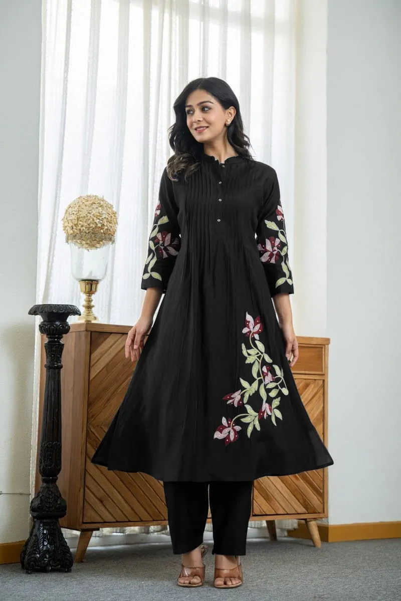 Pure Cotton Pleated Flared Kurti with Pant Set – Embroidered Floral & Sequin 2-Piece Co-ord Suit