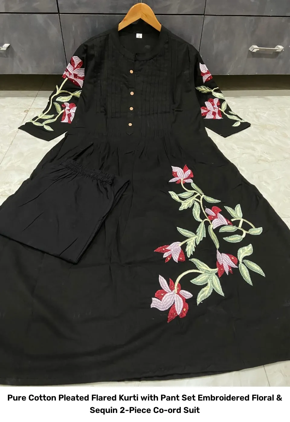 Pure Cotton Pleated Flared Kurti with Pant Set – Embroidered Floral & Sequin 2-Piece Co-ord Suit 10