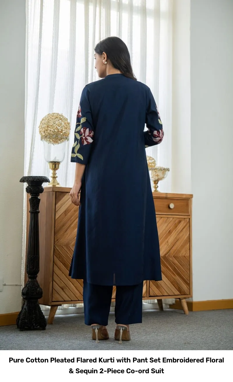 Pure Cotton Pleated Flared Kurti with Pant Set – Embroidered Floral & Sequin 2-Piece Co-ord Suit 11