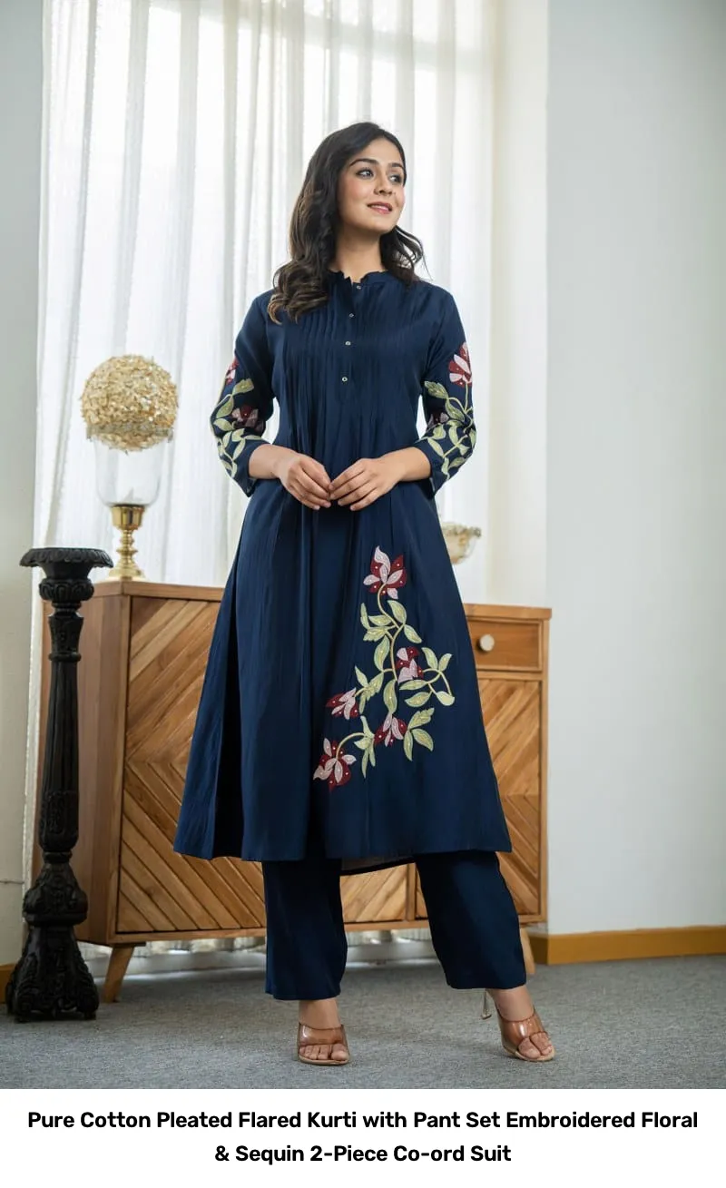 Pure Cotton Pleated Flared Kurti with Pant Set – Embroidered Floral & Sequin 2-Piece Co-ord Suit 12