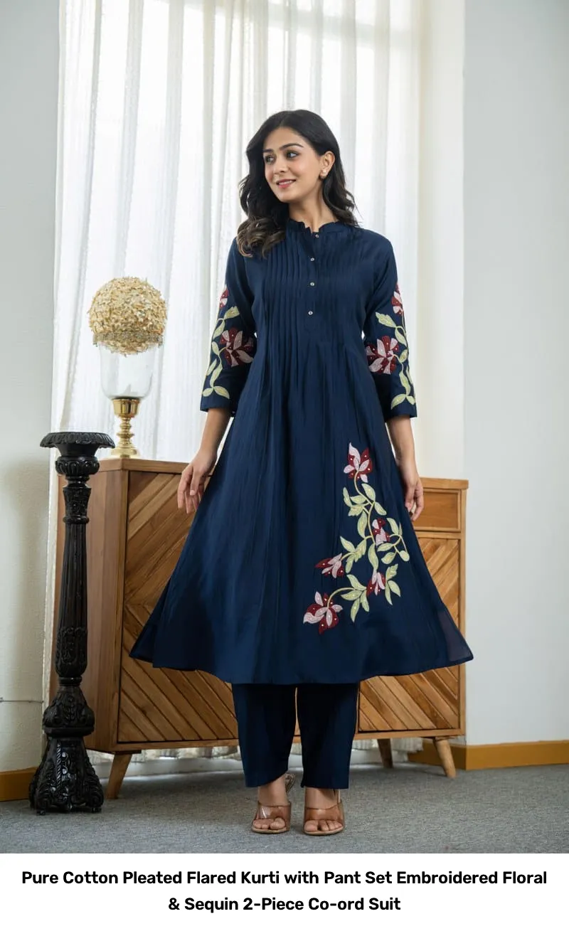 Pure Cotton Pleated Flared Kurti with Pant Set – Embroidered Floral & Sequin 2-Piece Co-ord Suit 13