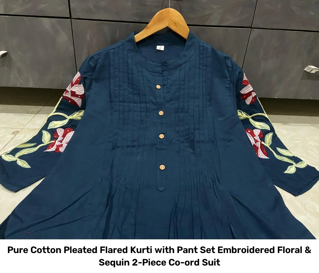 Pure Cotton Pleated Flared Kurti with Pant Set – Embroidered Floral & Sequin 2-Piece Co-ord Suit 2