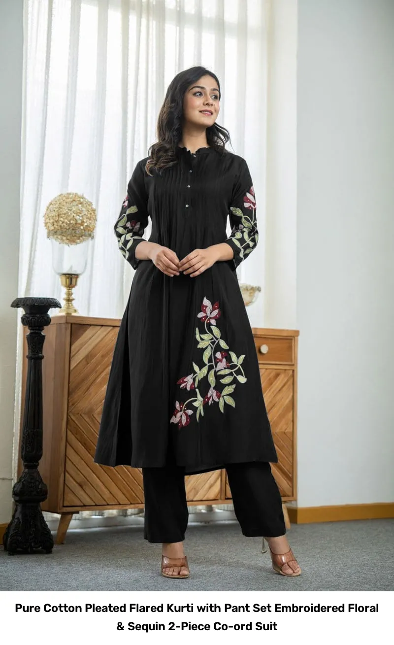 Pure Cotton Pleated Flared Kurti with Pant Set – Embroidered Floral & Sequin 2-Piece Co-ord Suit 3