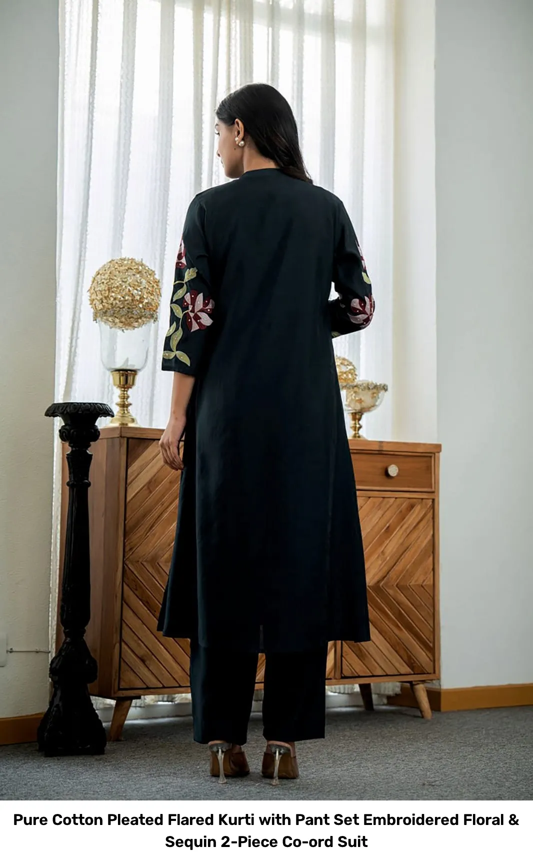 Pure Cotton Pleated Flared Kurti with Pant Set – Embroidered Floral & Sequin 2-Piece Co-ord Suit 5