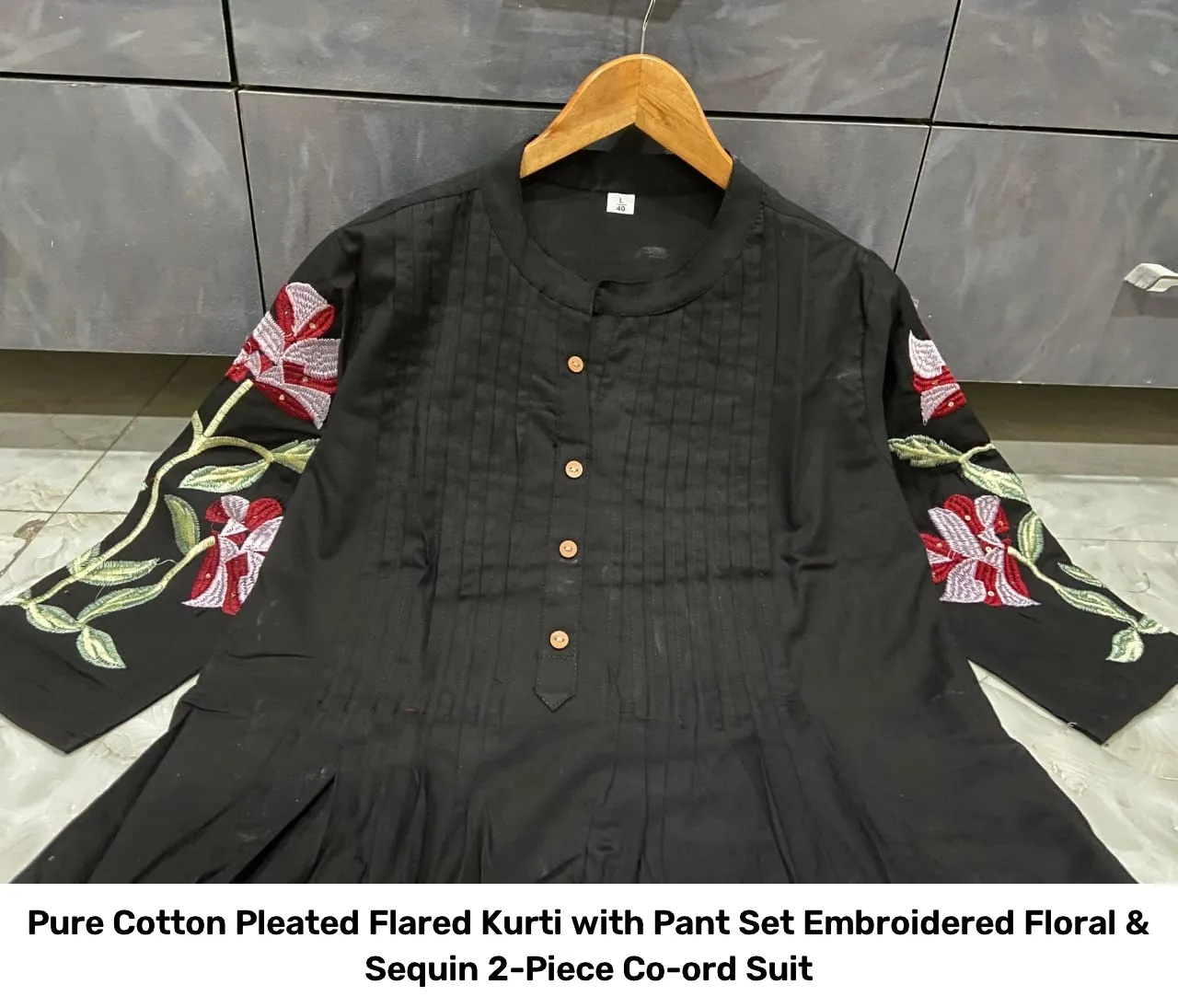 Pure Cotton Pleated Flared Kurti with Pant Set – Embroidered Floral & Sequin 2-Piece Co-ord Suit 6