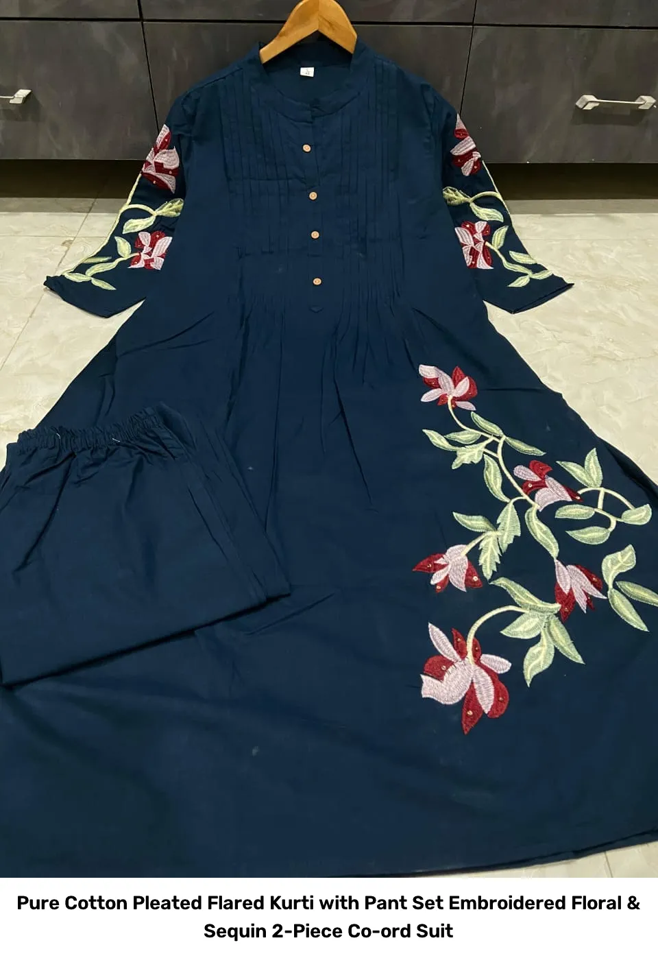 Pure Cotton Pleated Flared Kurti with Pant Set – Embroidered Floral & Sequin 2-Piece Co-ord Suit 7