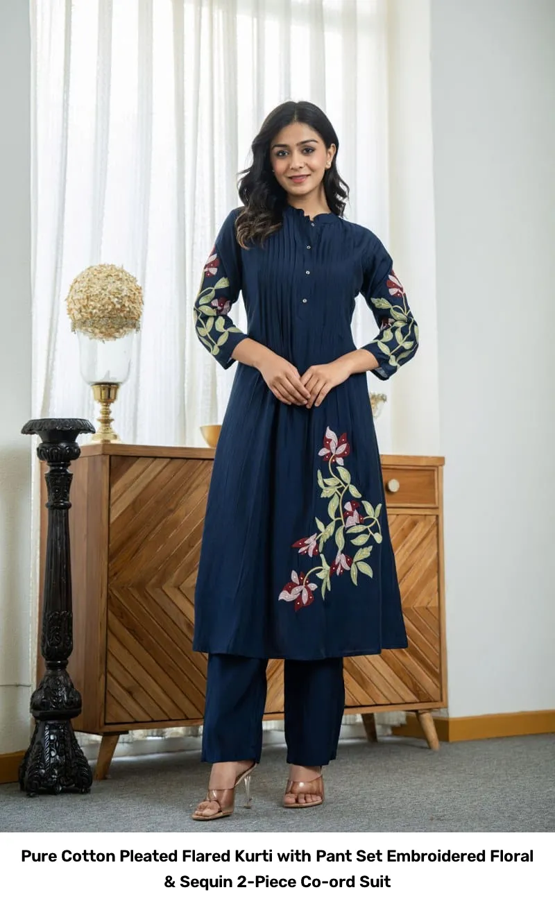 Pure Cotton Pleated Flared Kurti with Pant Set – Embroidered Floral & Sequin 2-Piece Co-ord Suit 8