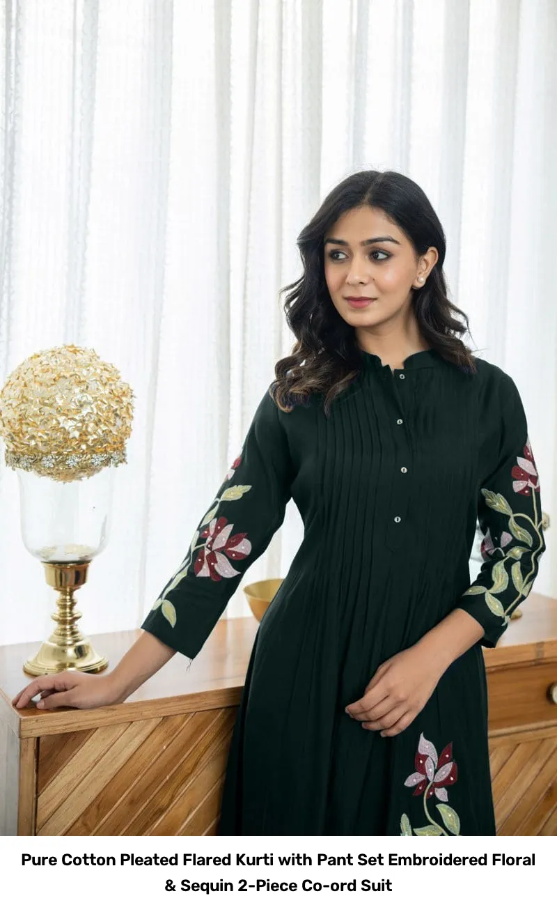 Pure Cotton Pleated Flared Kurti with Pant Set – Embroidered Floral & Sequin 2-Piece Co-ord Suit 9