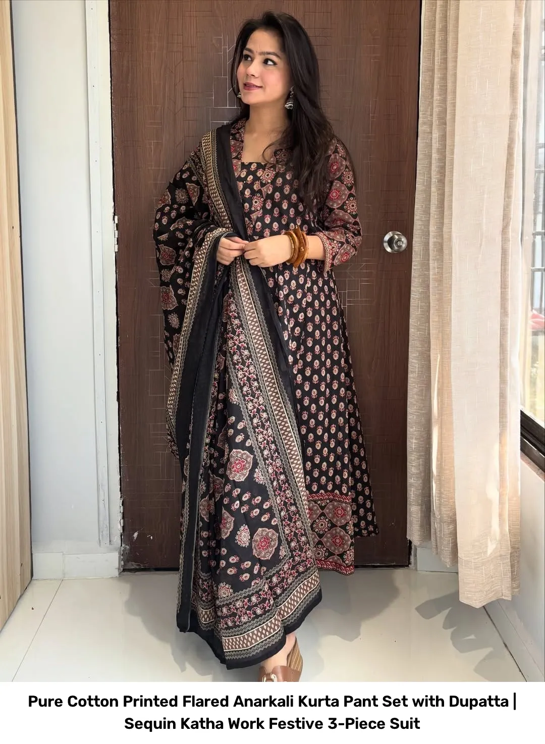 Pure Cotton Printed Flared Anarkali Kurta Pant Set with Dupatta | Sequin Katha Work Festive 3-Piece Suit 10