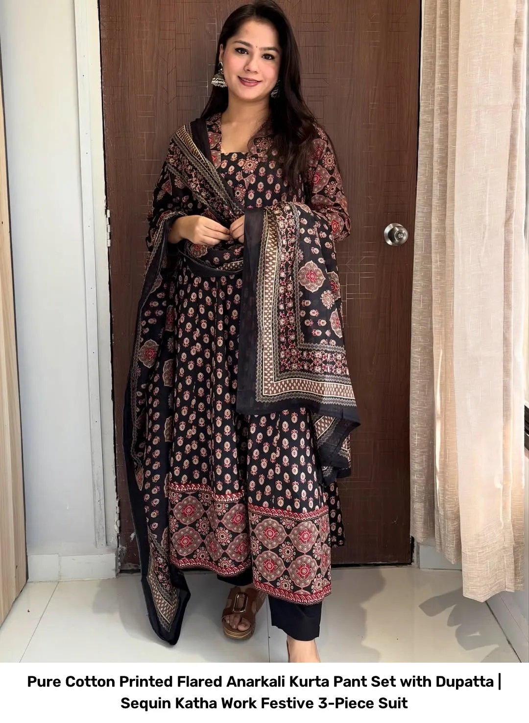 Pure Cotton Printed Flared Anarkali Kurta Pant Set with Dupatta | Sequin Katha Work Festive 3-Piece Suit 2