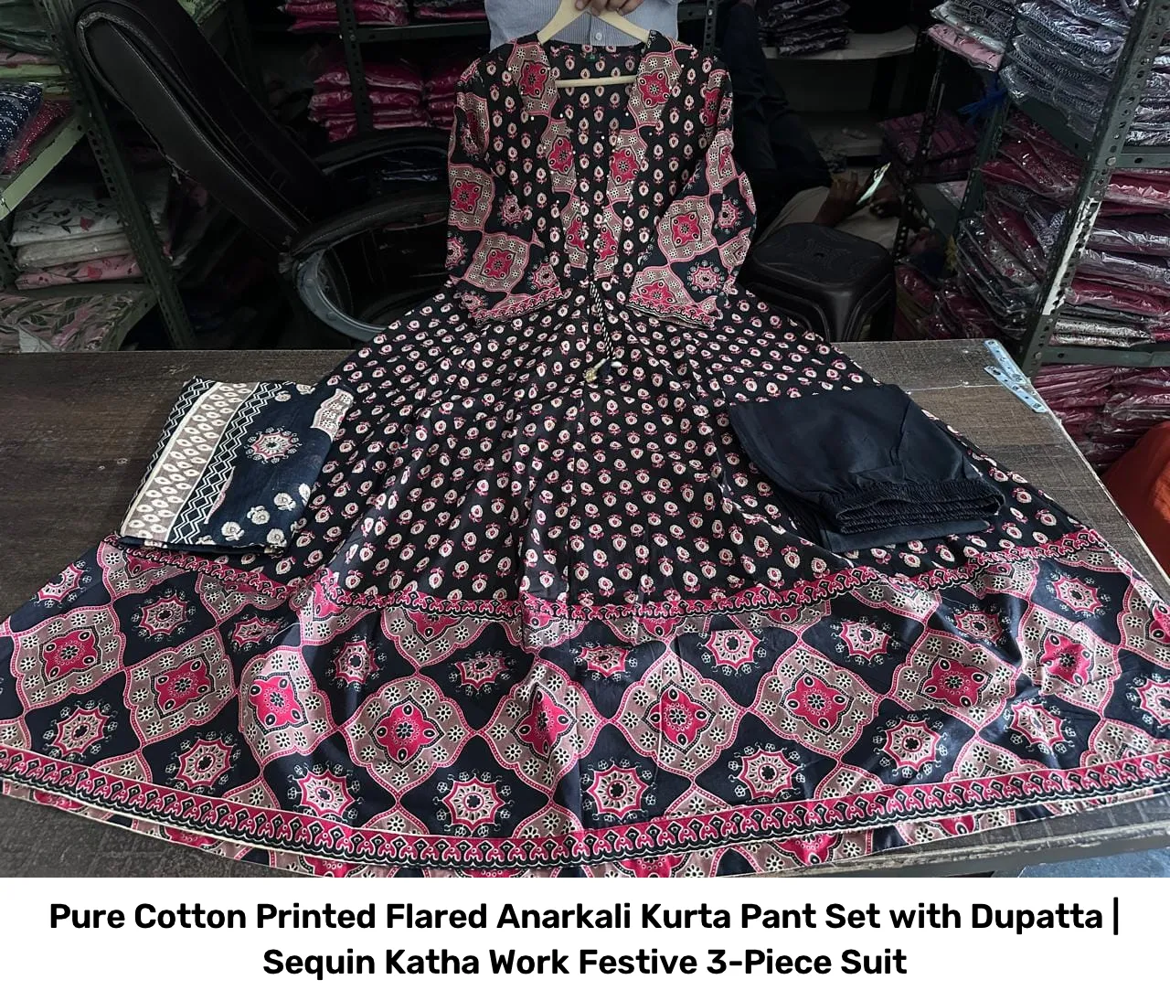 Pure Cotton Printed Flared Anarkali Kurta Pant Set with Dupatta | Sequin Katha Work Festive 3-Piece Suit 3