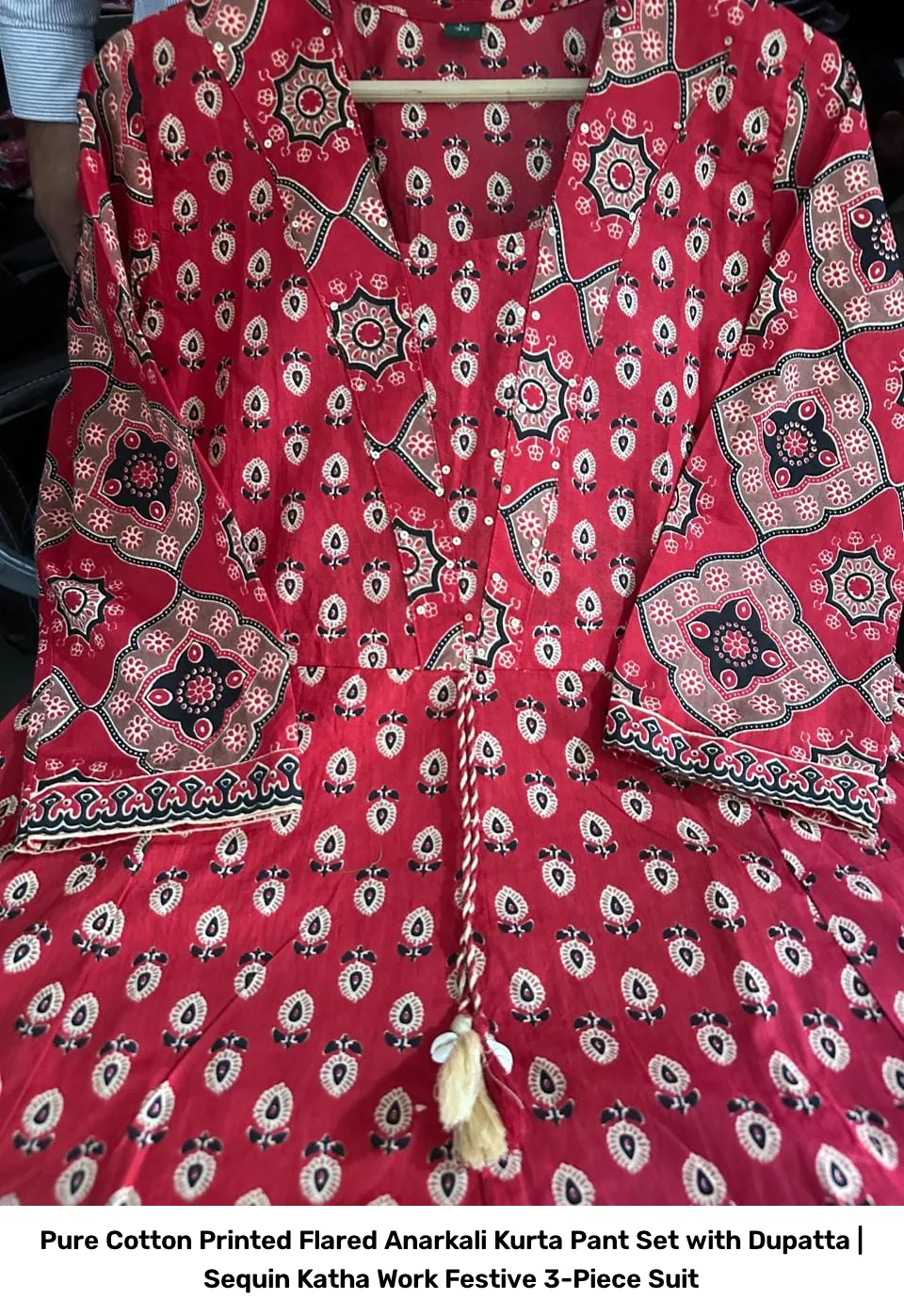 Pure Cotton Printed Flared Anarkali Kurta Pant Set with Dupatta | Sequin Katha Work Festive 3-Piece Suit 4