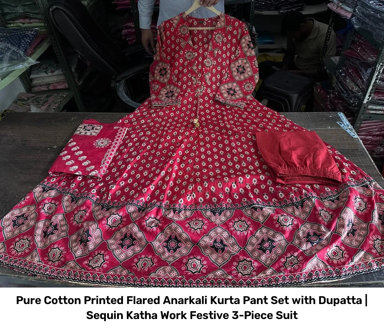 Pure Cotton Printed Flared Anarkali Kurta Pant Set with Dupatta | Sequin Katha Work Festive 3-Piece Suit 6