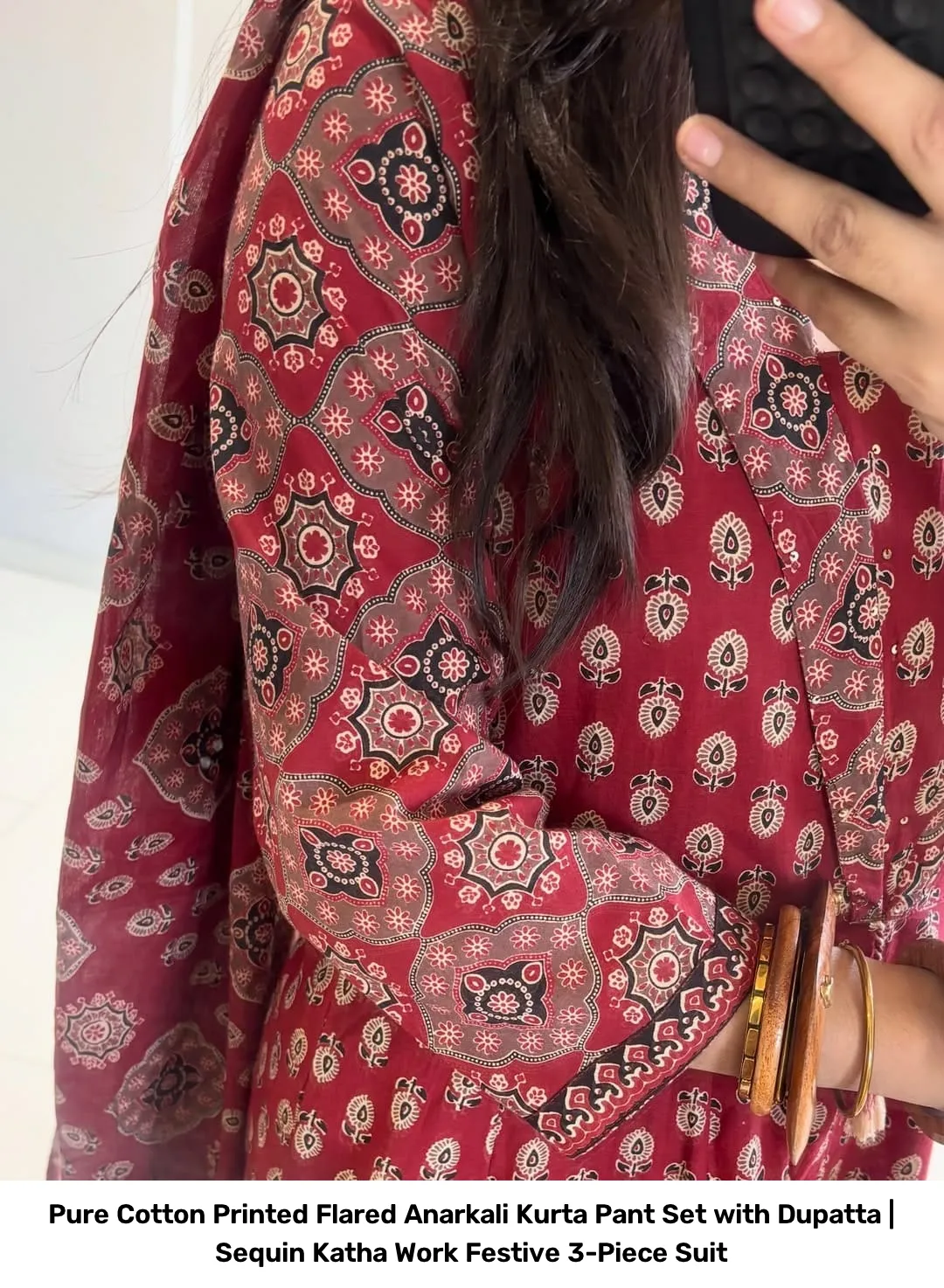 Pure Cotton Printed Flared Anarkali Kurta Pant Set with Dupatta | Sequin Katha Work Festive 3-Piece Suit 7