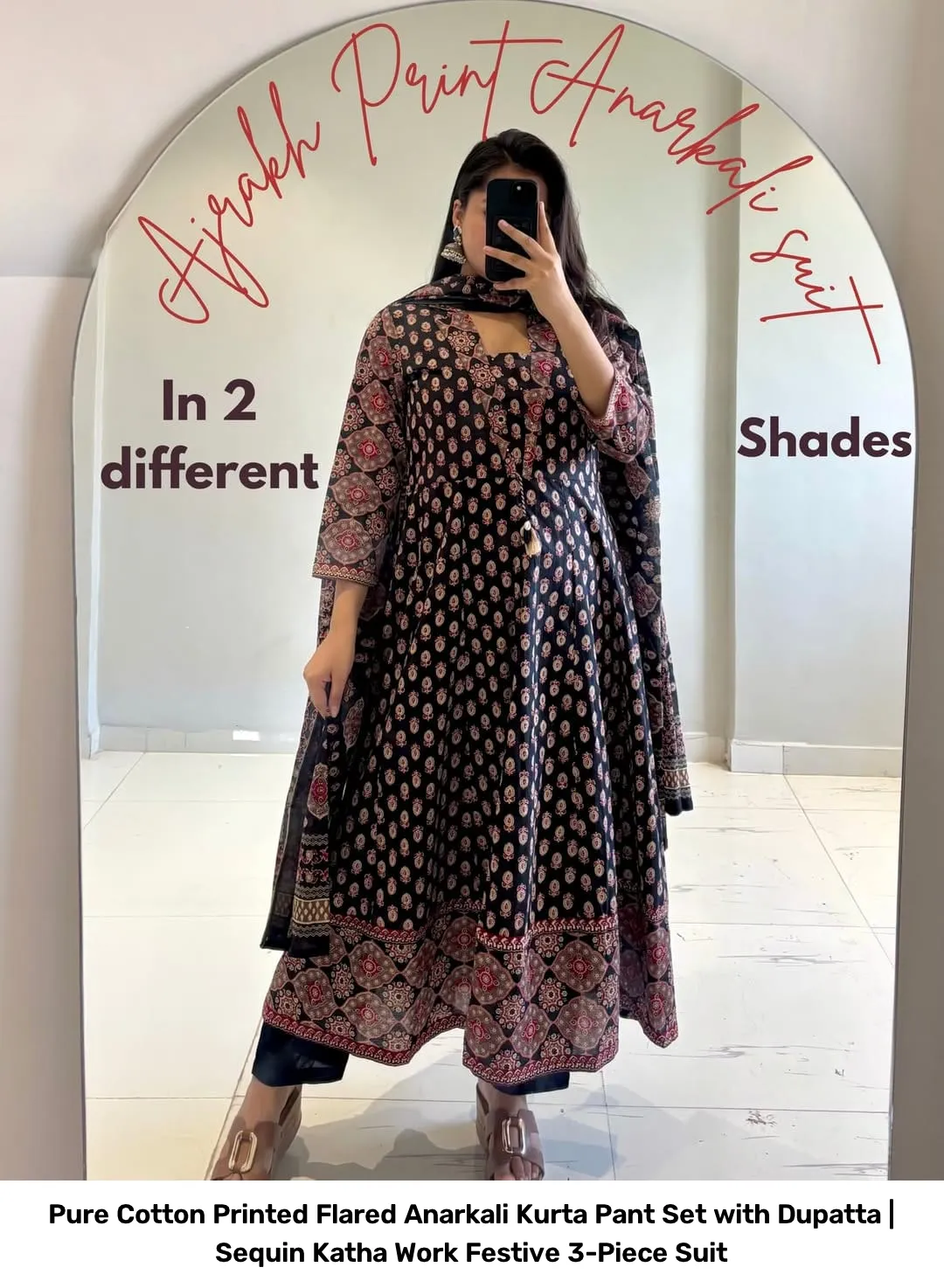Pure Cotton Printed Flared Anarkali Kurta Pant Set with Dupatta | Sequin Katha Work Festive 3-Piece Suit 8