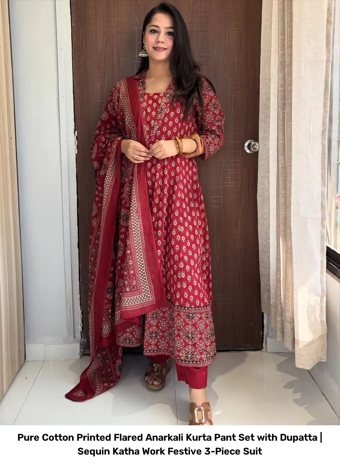 Pure Cotton Printed Flared Anarkali Kurta Pant Set with Dupatta | Sequin Katha Work Festive 3-Piece Suit 9