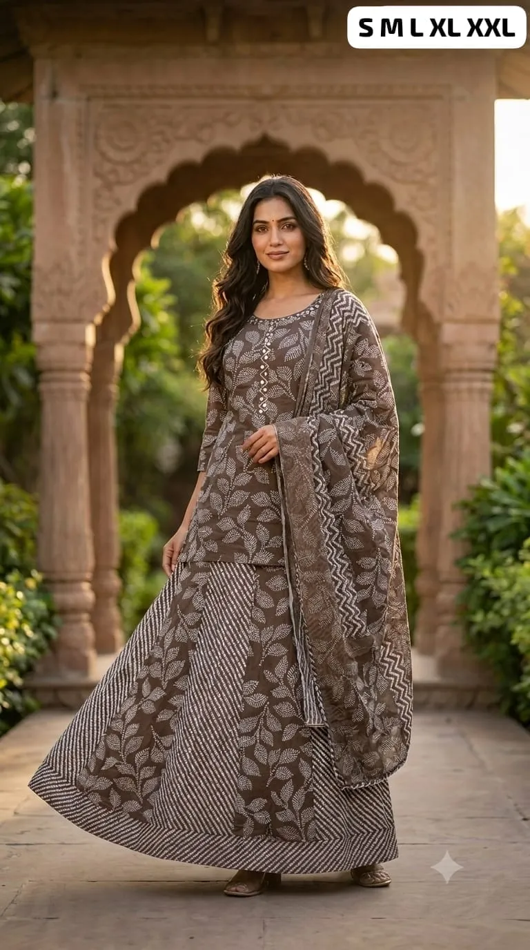 Pure Cotton Printed Gopi Style Kurti Skirt Set With Dupatta
