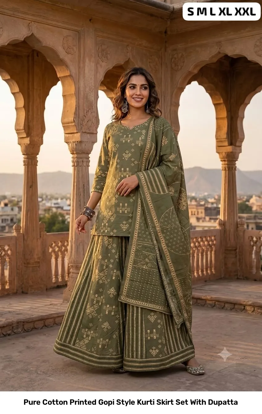 Pure Cotton Printed Gopi Style Kurti Skirt Set With Dupatta 10