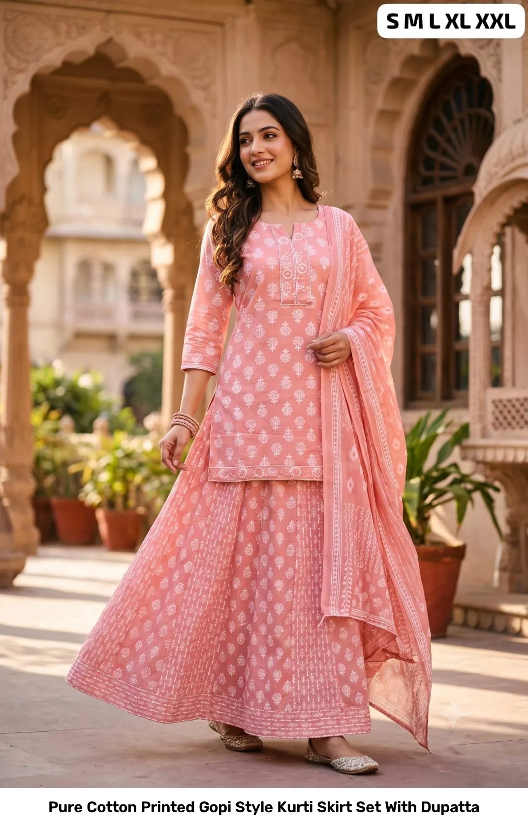 Pure Cotton Printed Gopi Style Kurti Skirt Set With Dupatta 11