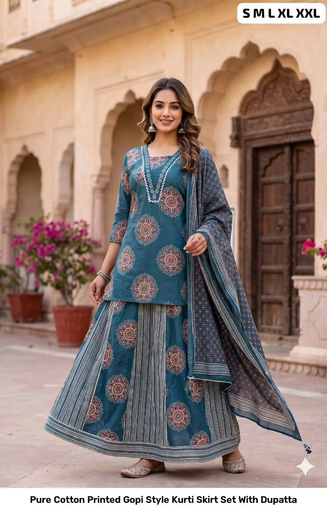 Pure Cotton Printed Gopi Style Kurti Skirt Set With Dupatta 12