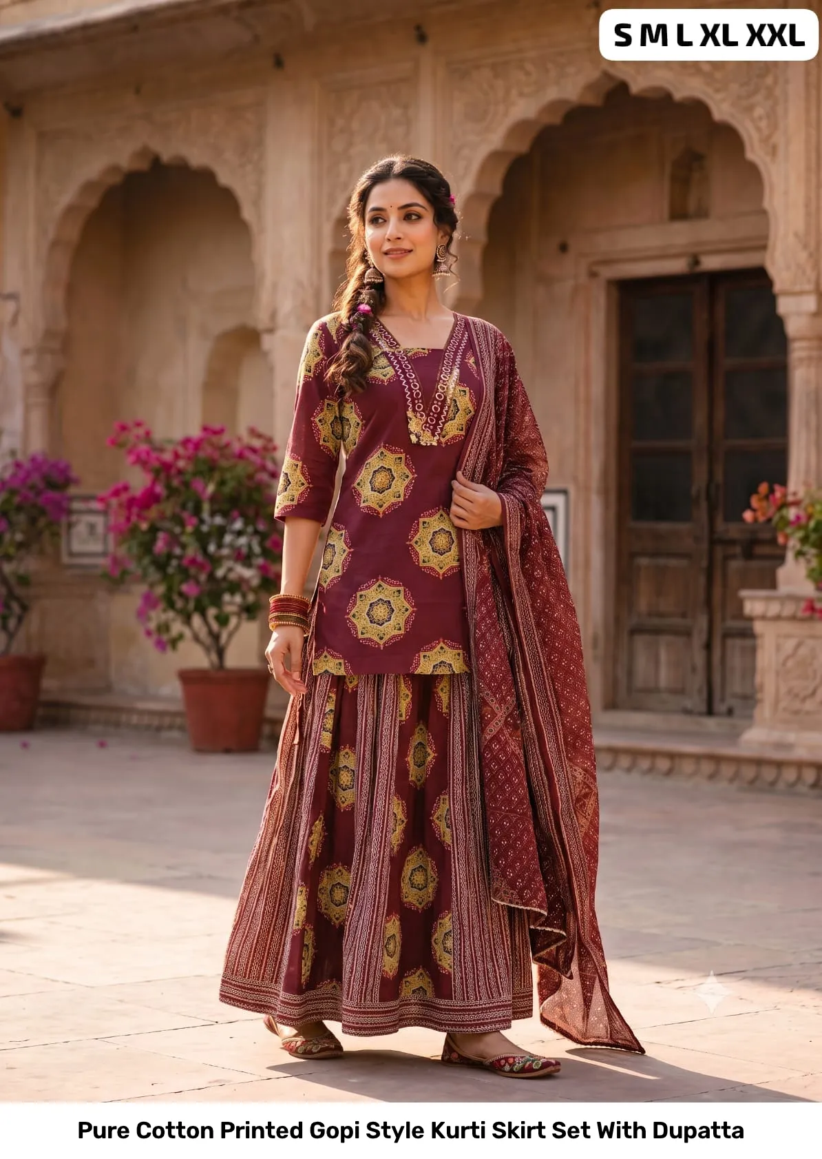 Pure Cotton Printed Gopi Style Kurti Skirt Set With Dupatta 2