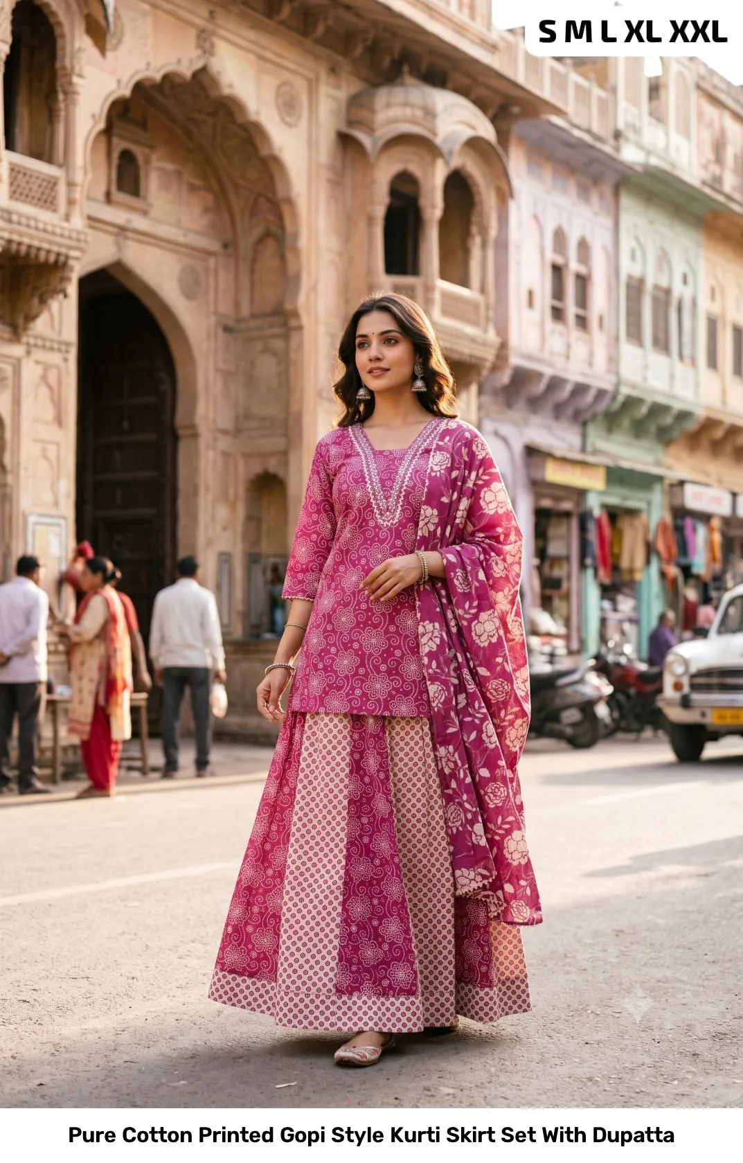 Pure Cotton Printed Gopi Style Kurti Skirt Set With Dupatta 3