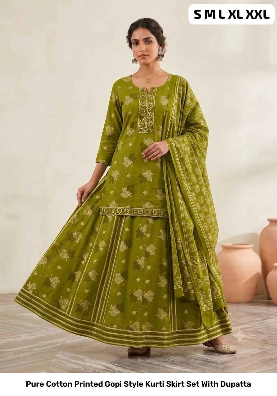 Pure Cotton Printed Gopi Style Kurti Skirt Set With Dupatta 5