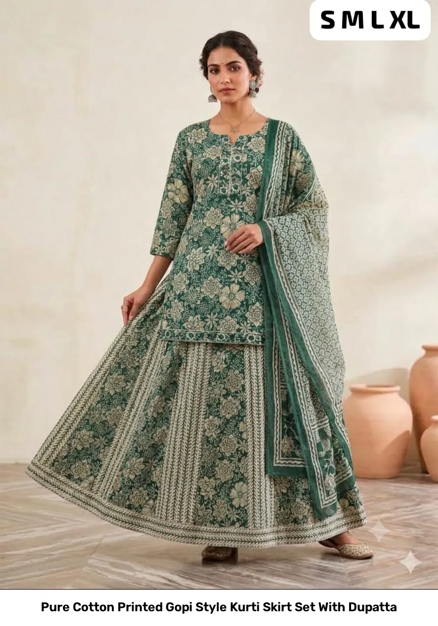 Pure Cotton Printed Gopi Style Kurti Skirt Set With Dupatta 6