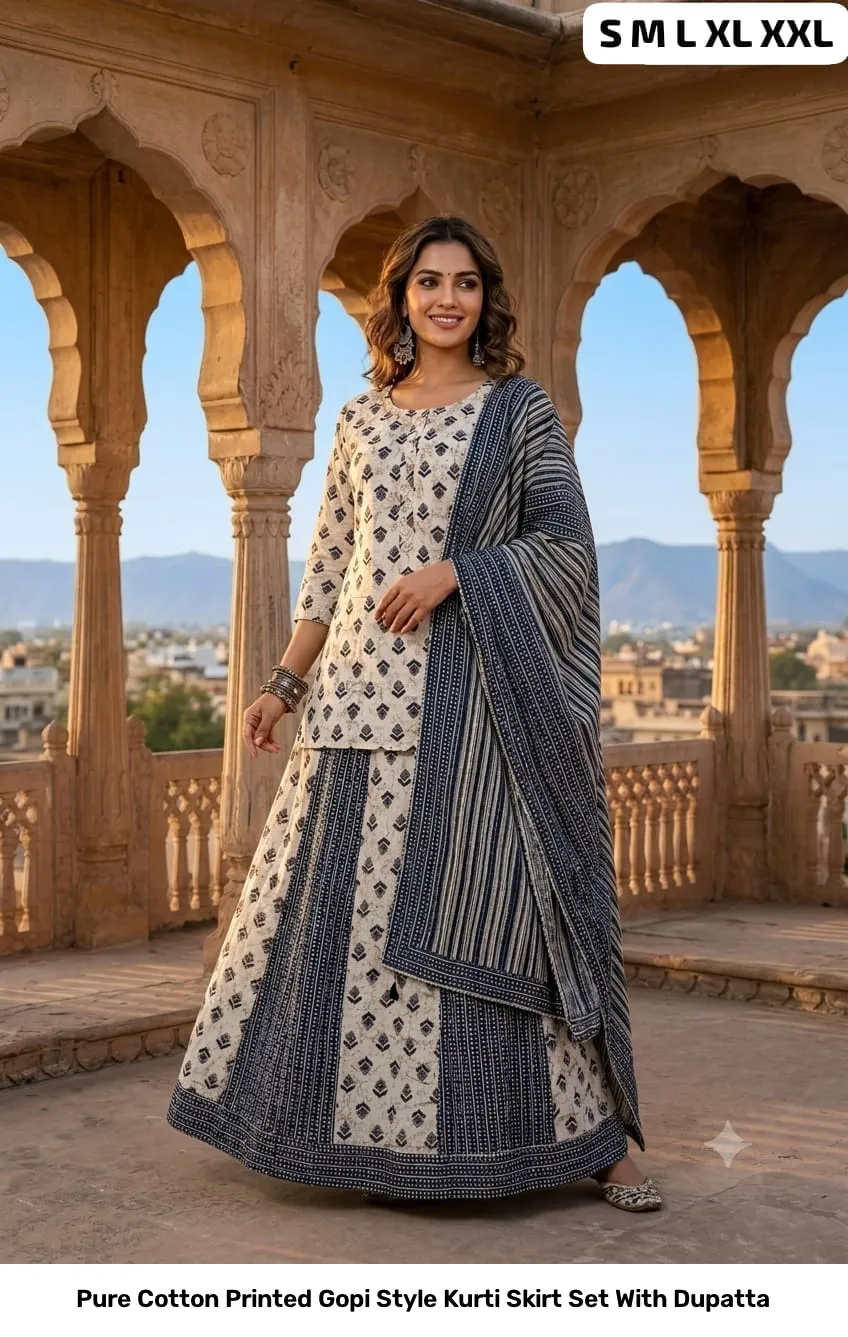 Pure Cotton Printed Gopi Style Kurti Skirt Set With Dupatta 7