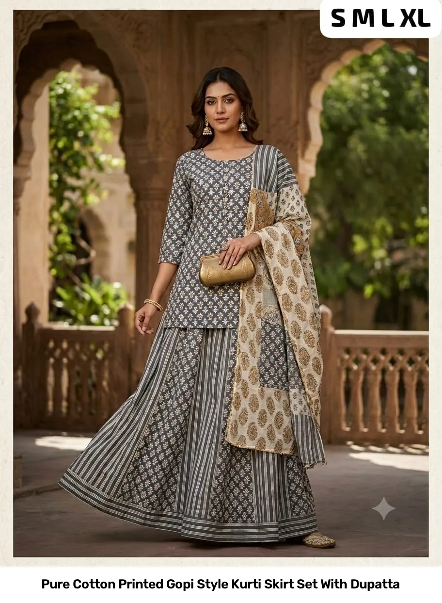 Pure Cotton Printed Gopi Style Kurti Skirt Set With Dupatta 9