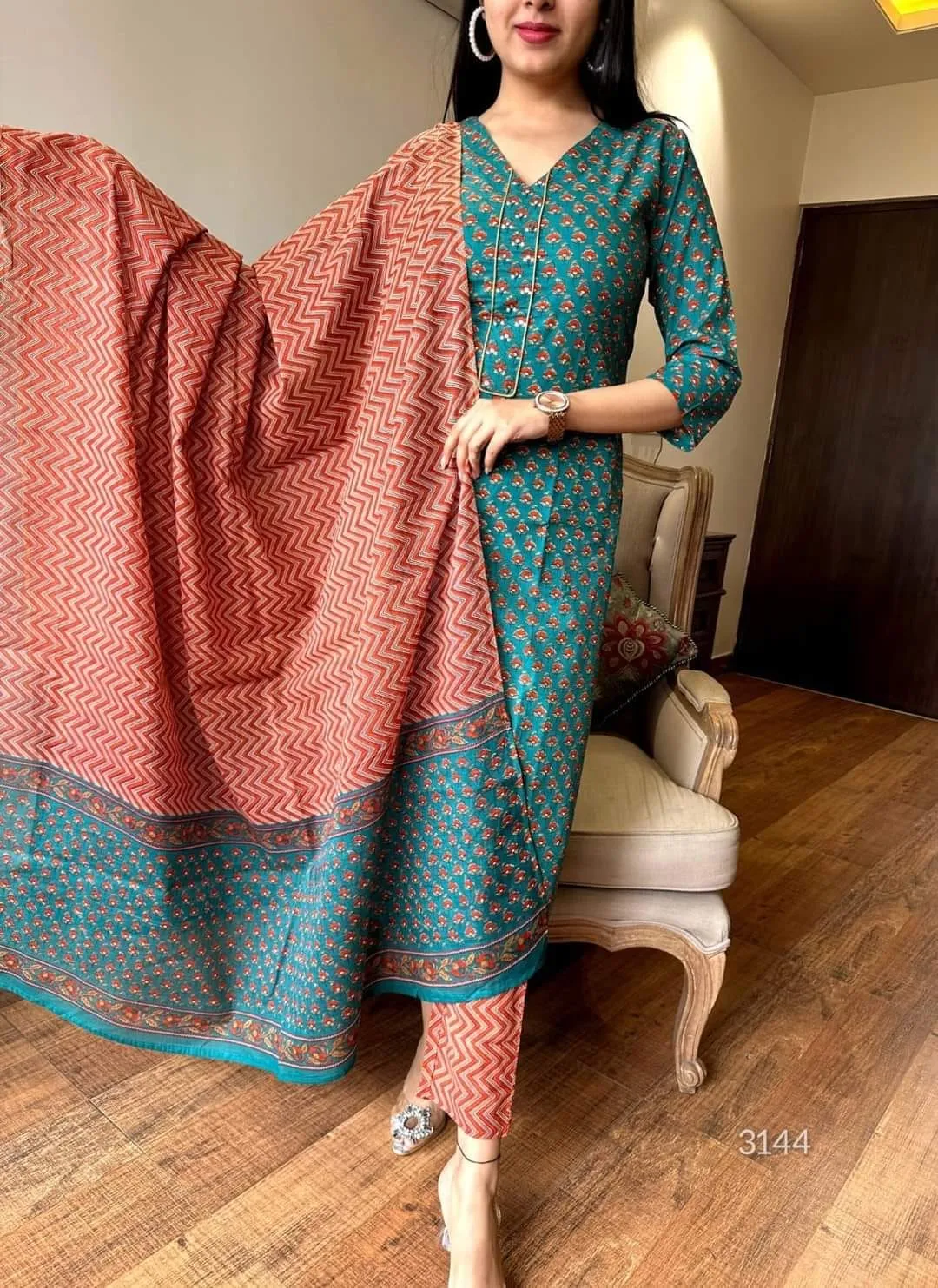 Pure Cotton Printed Kurti Pant Set with Mul Dupatta (M–3XL) (