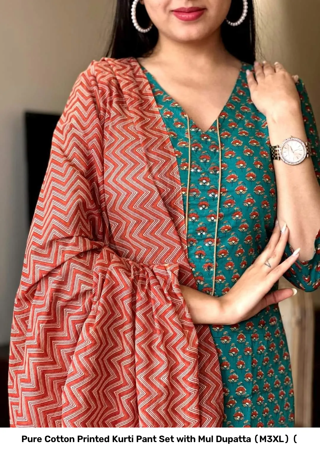 Pure Cotton Printed Kurti Pant Set with Mul Dupatta (M–3XL) ( 2