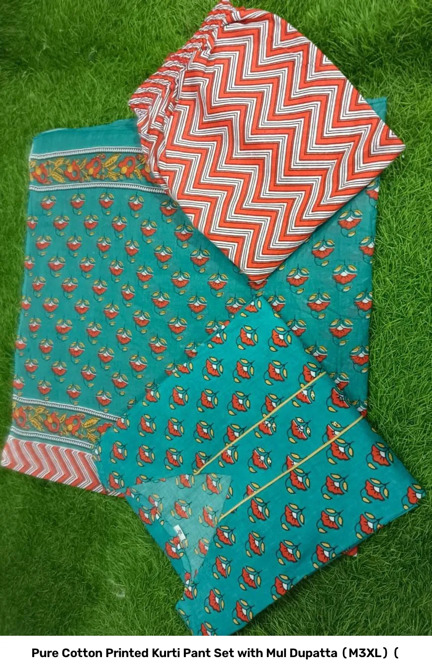 Pure Cotton Printed Kurti Pant Set with Mul Dupatta (M–3XL) ( 6