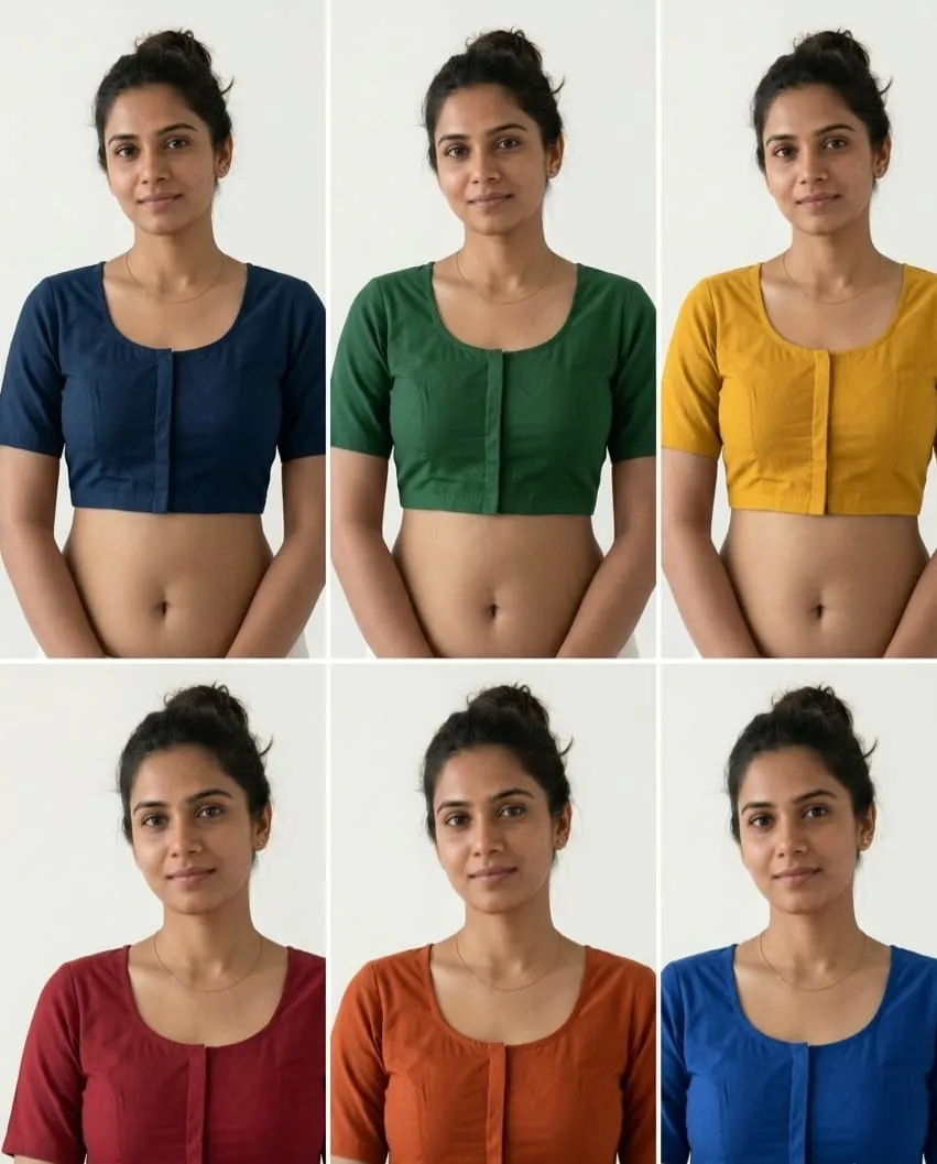 Pure Cotton Readymade Saree Blouse – Front Hook, Round Deep Back Neck Plain Blouse (Multi-Color) 1