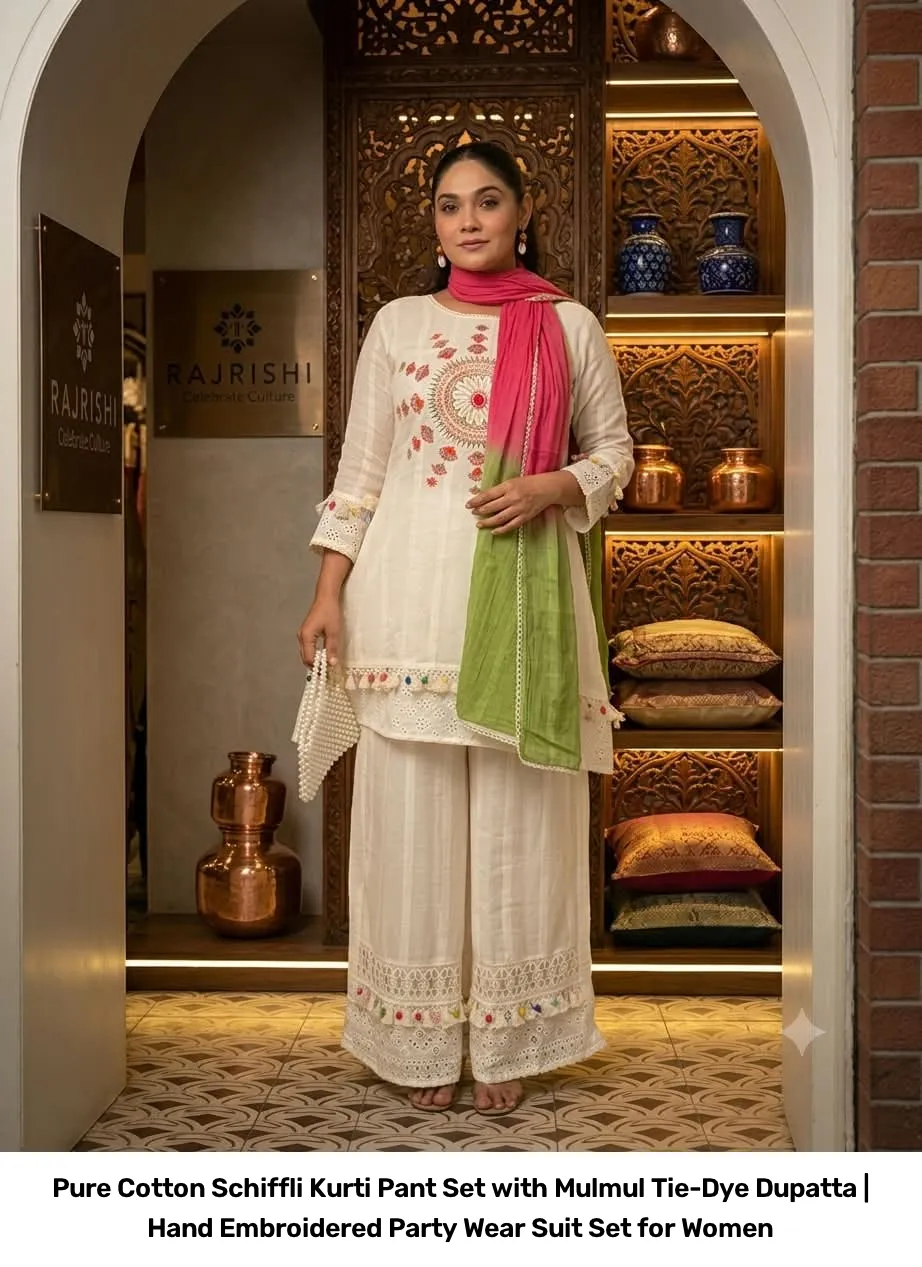 Pure Cotton Schiffli Kurti Pant Set with Mulmul Tie-Dye Dupatta | Hand Embroidered Party Wear Suit Set for Women 10