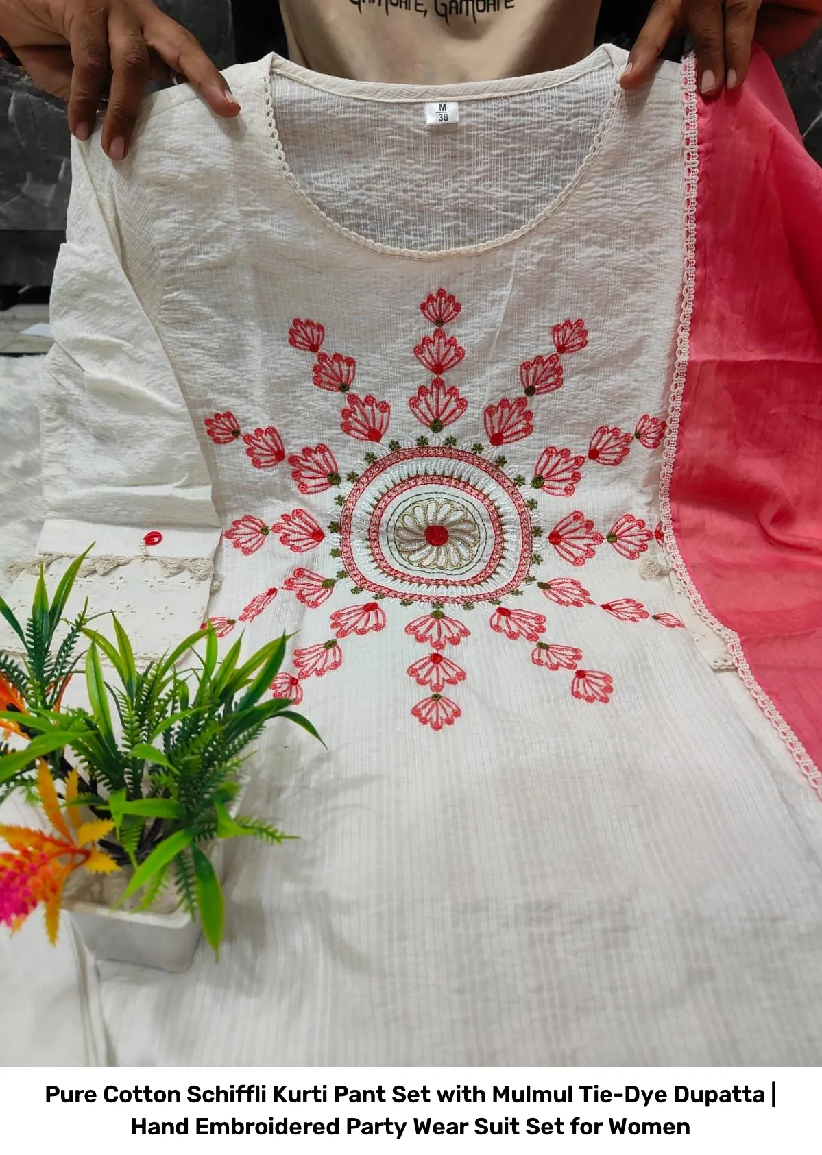 Pure Cotton Schiffli Kurti Pant Set with Mulmul Tie-Dye Dupatta | Hand Embroidered Party Wear Suit Set for Women 11
