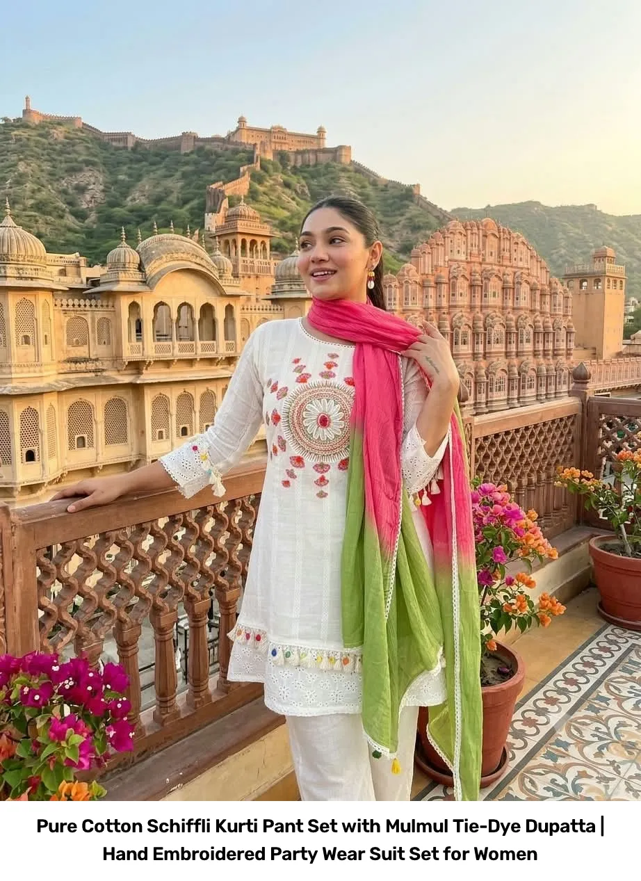 Pure Cotton Schiffli Kurti Pant Set with Mulmul Tie-Dye Dupatta | Hand Embroidered Party Wear Suit Set for Women 13